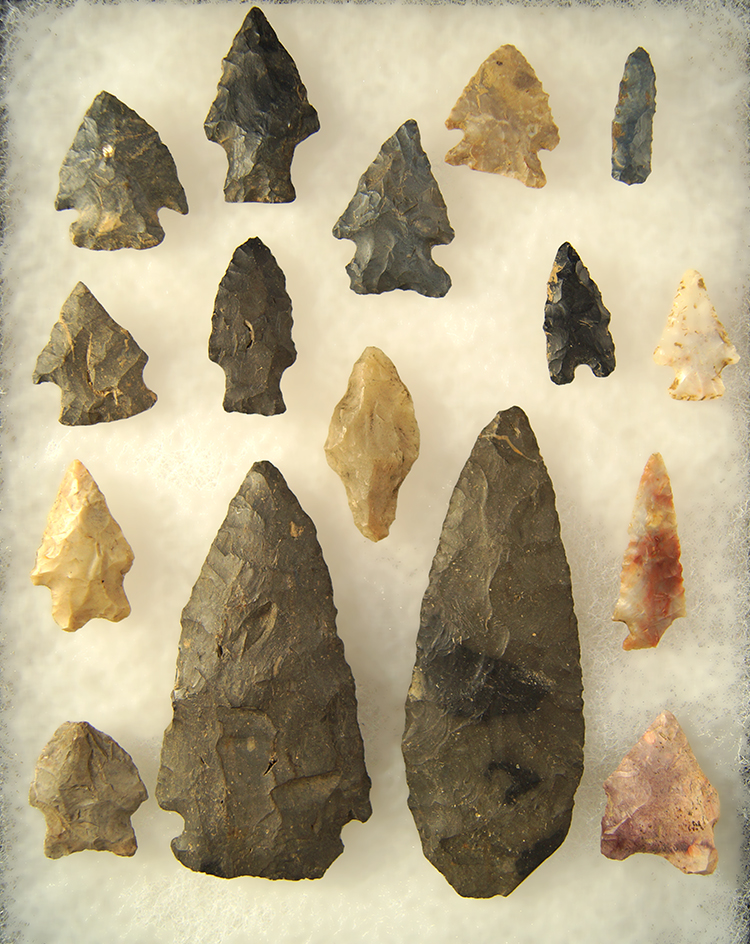 Set of 16 Assorted Arrowheads - largest is 4 3/4" - found near Fredericktown, Knox Co., Ohio.