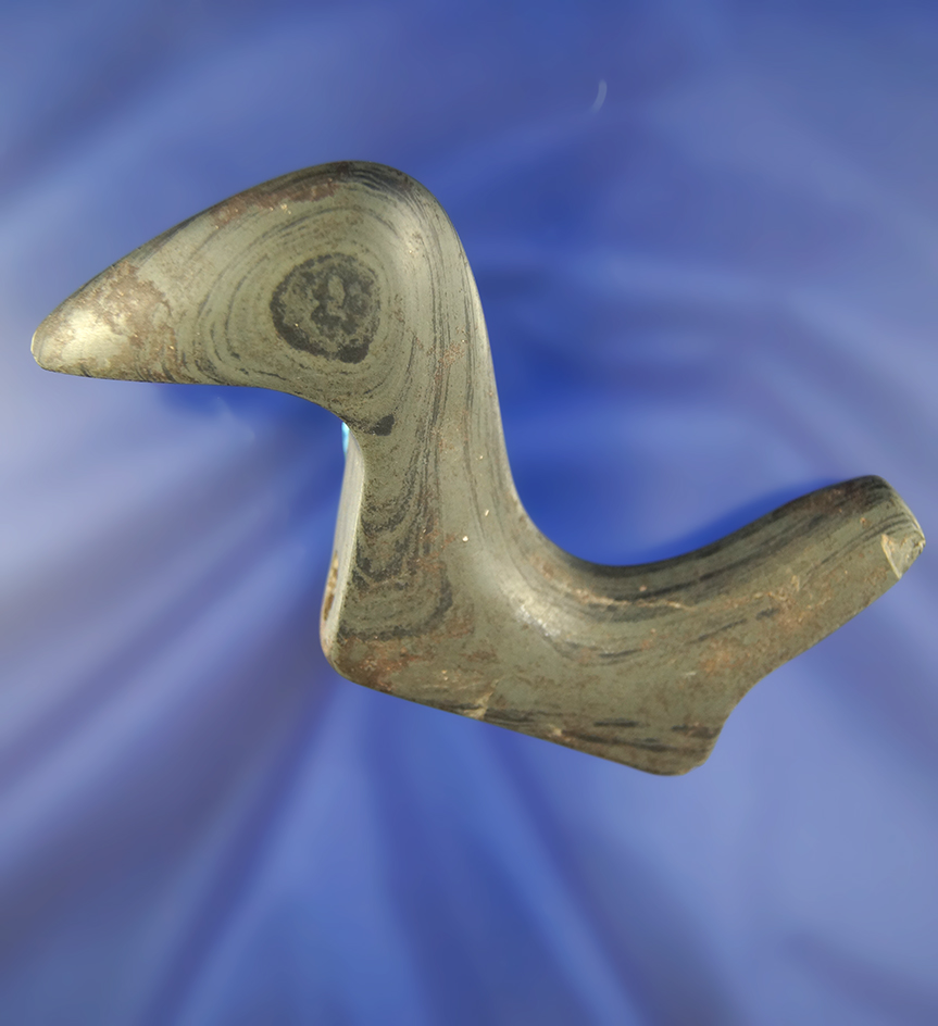 4 3/8" Long nicely patinated Banded Slate Birdstone found in Ohio.