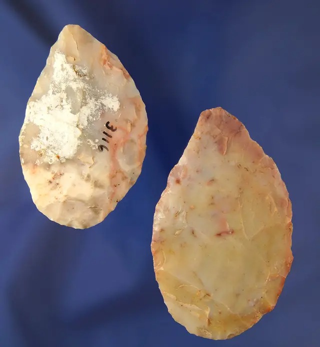 Pair of Colorful Flint Ridge Flint Adena Blades found by Butch Perin in Ohio. Largest is 2 3/4".