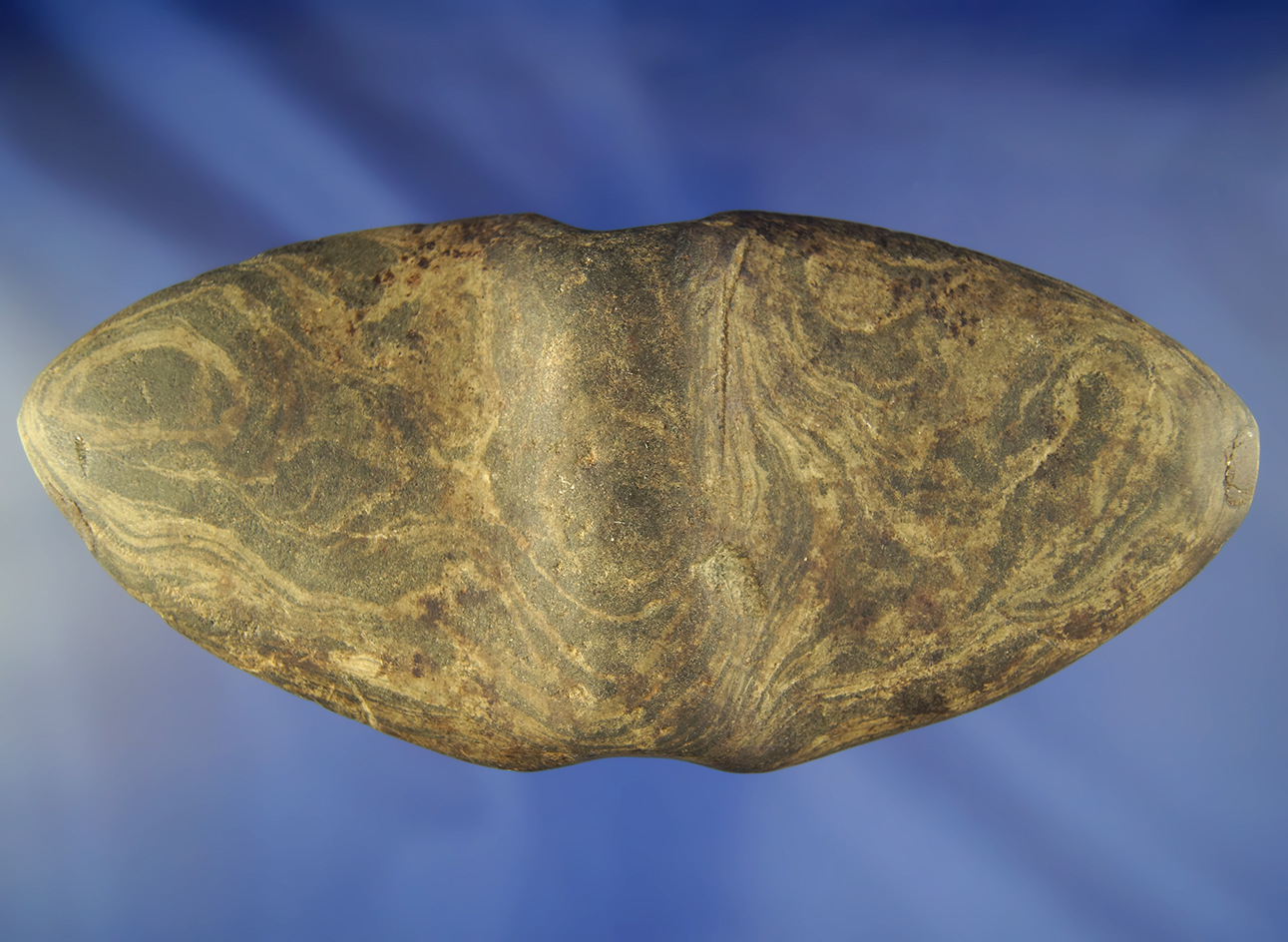 Very large 6 3/8" Winged Bannerstone with a small amount of restoration. Ohio Ex. Cliff Simon.