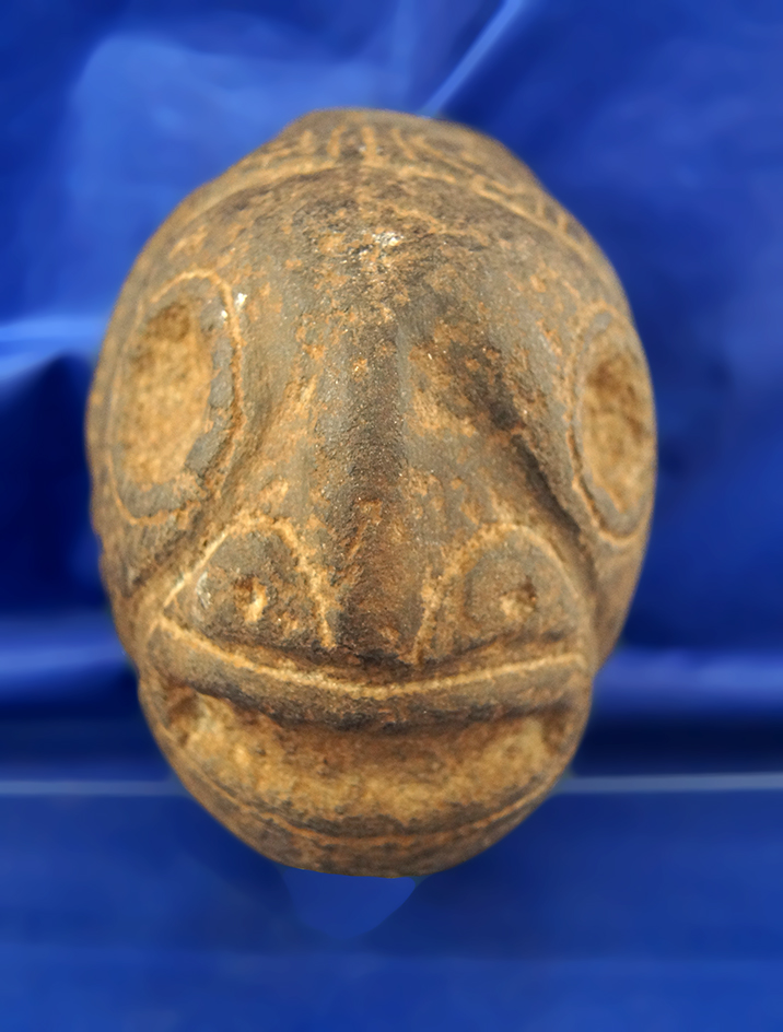 5 3/4" Nicely patinated Taino carved stone human head. Hispaniola. Circa AD 1200-1500.