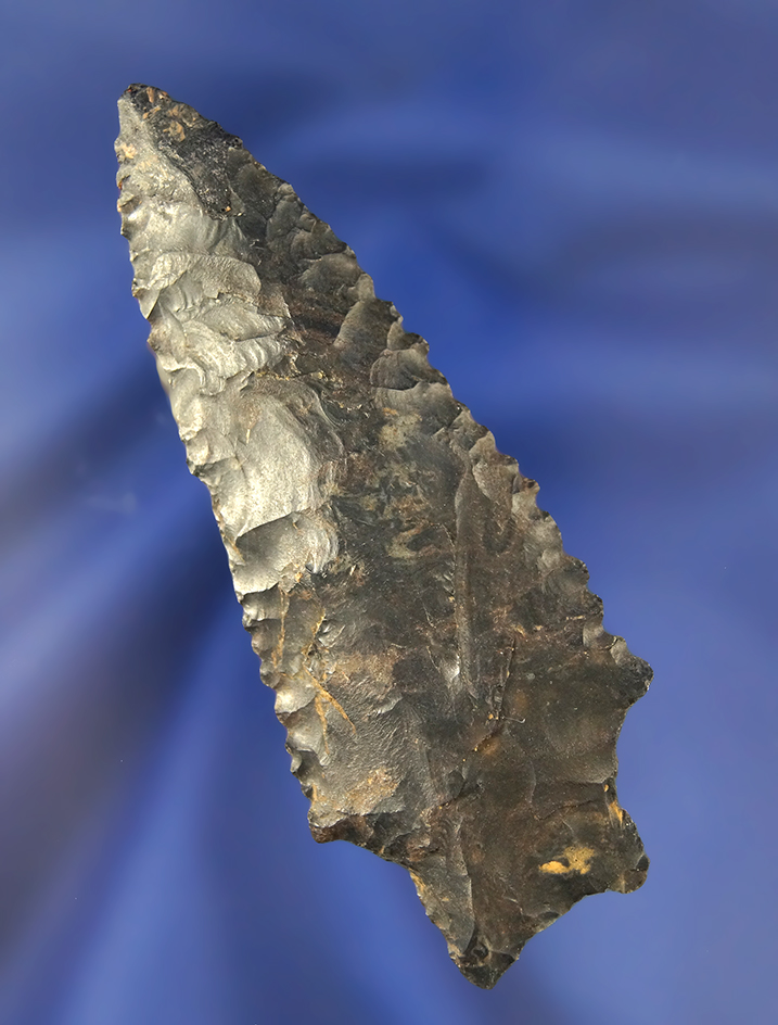 Nicely patinated 3 1/2" serrated Kirk Stemmed made from Coshocton Flint  - Yorkshire, Ohio.
