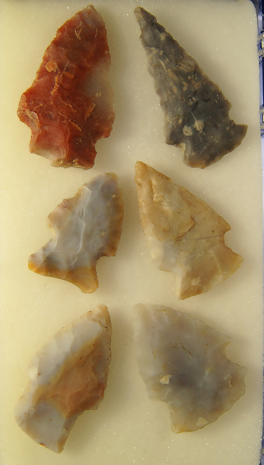 Set of 6 Flint Ridge Flint Hopewell Arrowheads found in Ohio. Largest is 2 3/16".