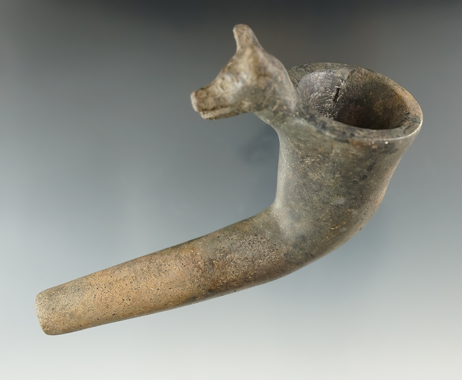 4 3/4" Long by 3" Tall bear effigy Iroquois clay pipe found in New York. Moderate restoration.