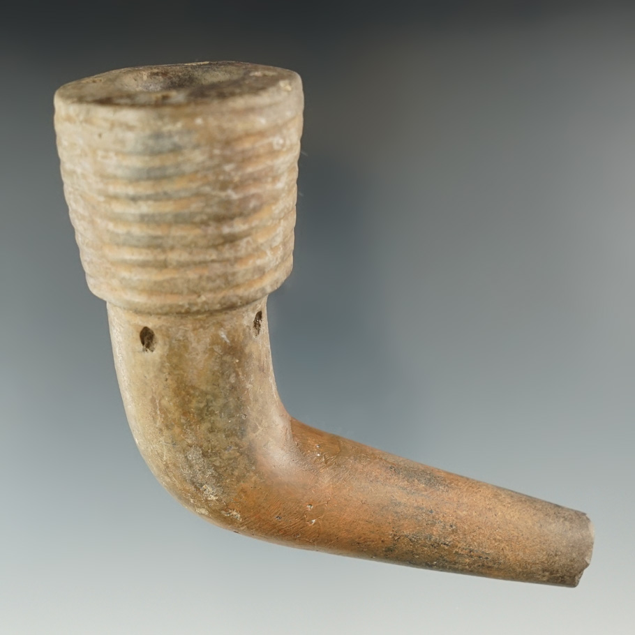 4" Long Iroquois Ring Bowl Pipe is very nicely styled found in New York. Broken and mended.