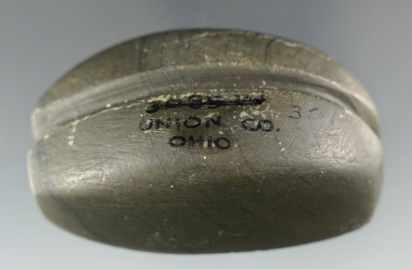 2 7/16" Archaic Loafstone made from Banded Slate, found in Union Co., Ohio. Pictured. Wehrle.