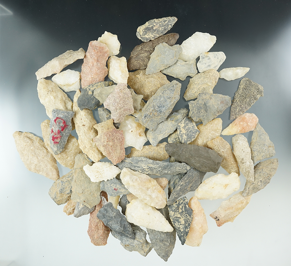 Group of 65 assorted points, knives, and tools. St. Mary's Co., Maryland. Largest is 2 1/2".