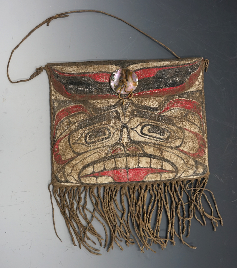 Old, rare, and nice 9 1/2" wide, 7 1/2" tall leather pouch with excellent original paint.