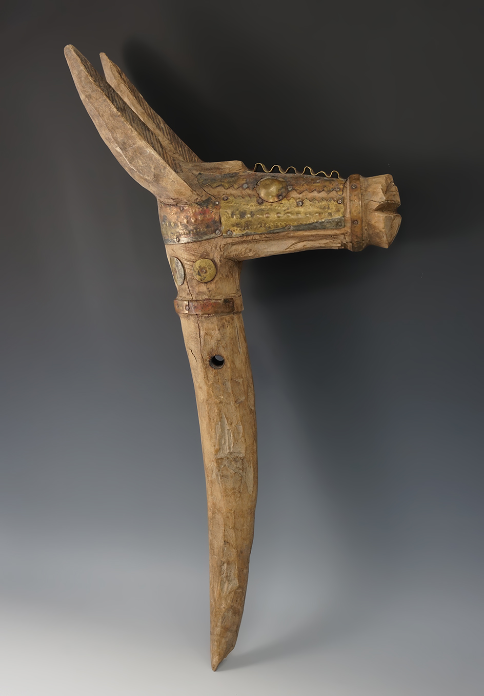 Unique! Very old hand carved 22" Long Wood Donkey with metal overlays and decorations.