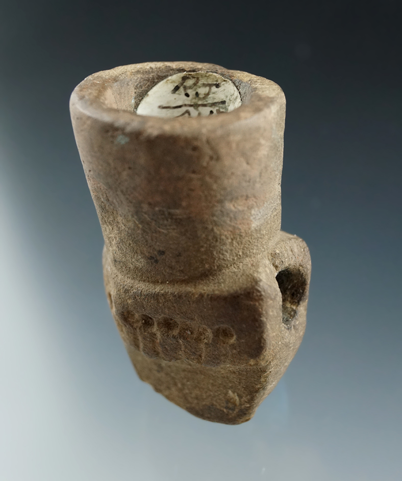 1 3/4" Sandstone Mic Mac Pipe nice punctate and incised line decorations - Pennsylvania.