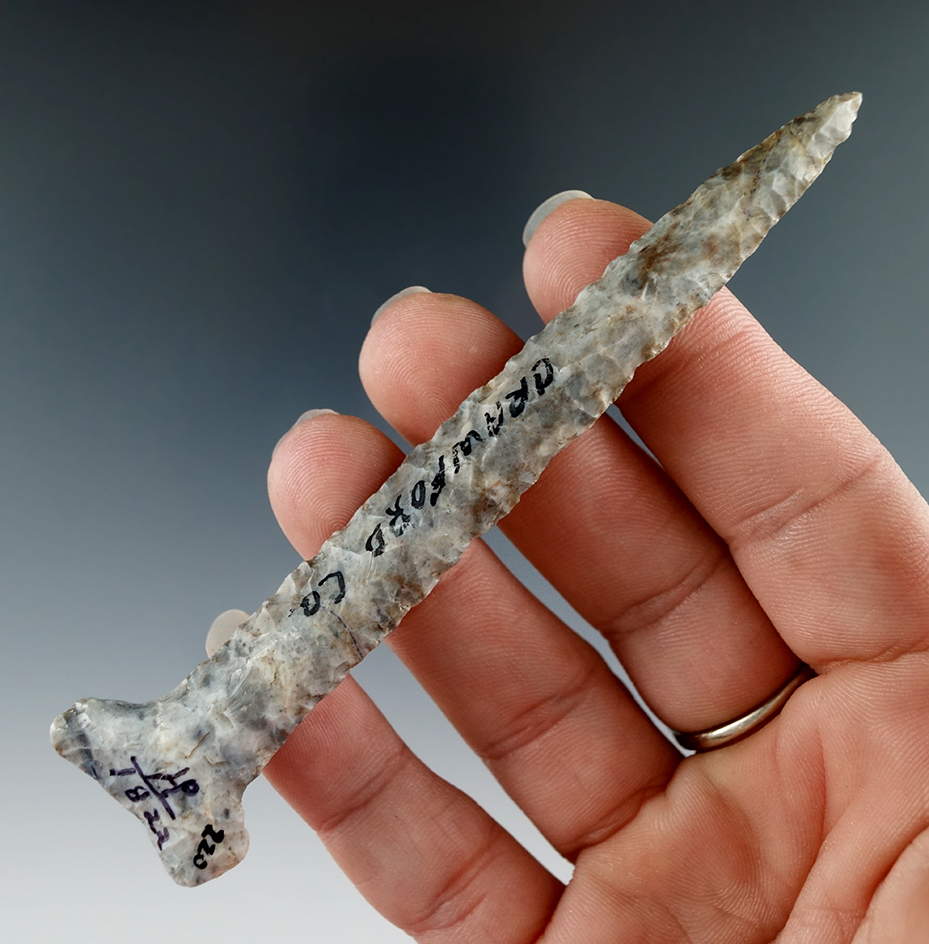 Attractive and well styled 4 1/8" Coshocton Flint Drill found in Crawford Co., Ohio.