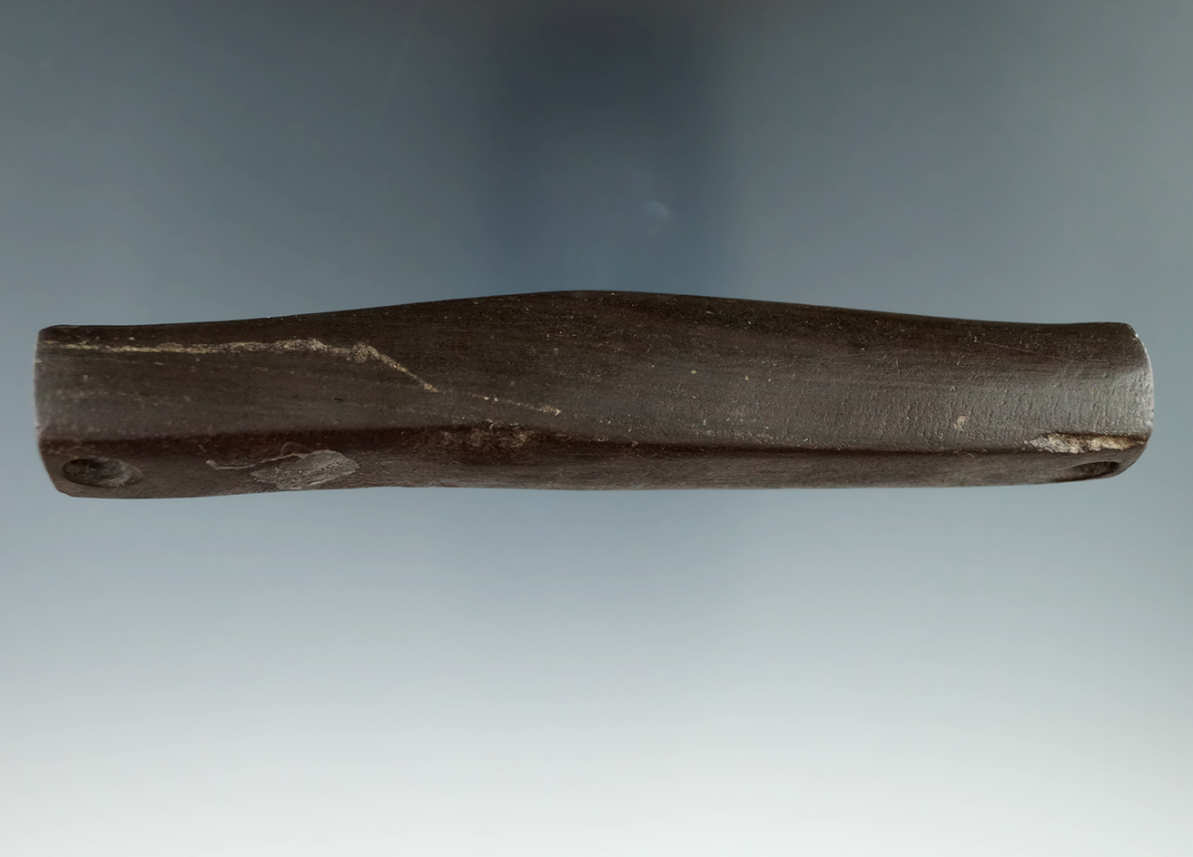5" Long Humped Bar Amulet made from brown/greenish gray slate found in Wood Co., Ohio. COA.