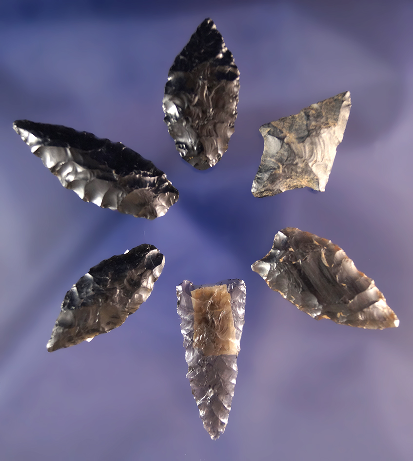 Set of 6 assorted Obsidian Arrowheads found by R. D. Mudge in Nevada. Largest is 1 1/2".