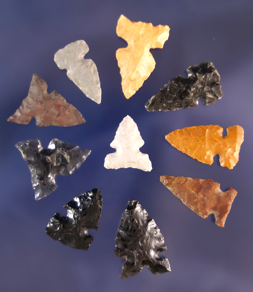 Set of 10 assorted arrowheads, largest is 7/8". Coeur d' Alene River, Idaho.