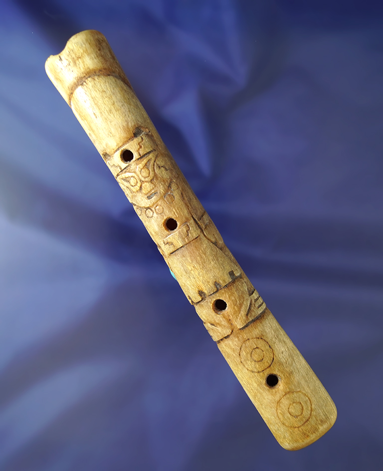 7 3/16" Llama Bone Flute that is highly engraved with human effigy carvings - Pisac, Peru.