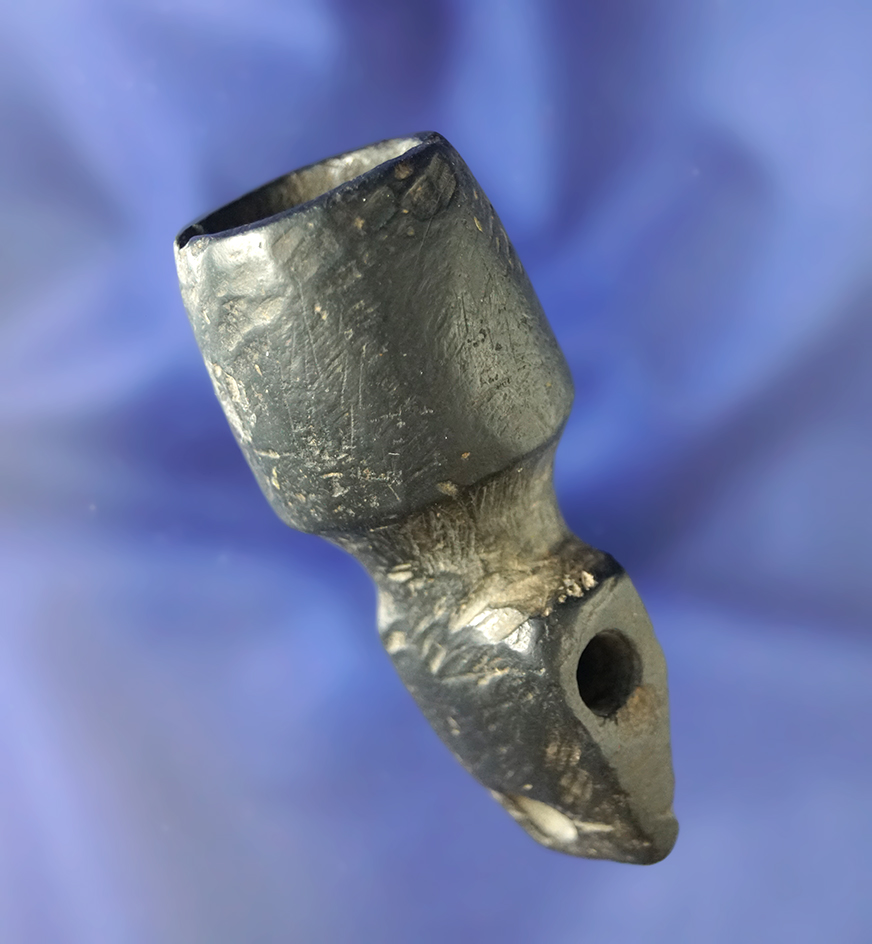 2 9/16" black slate Micmac Pipe with suspension hole found in Allegheny Co., New York.