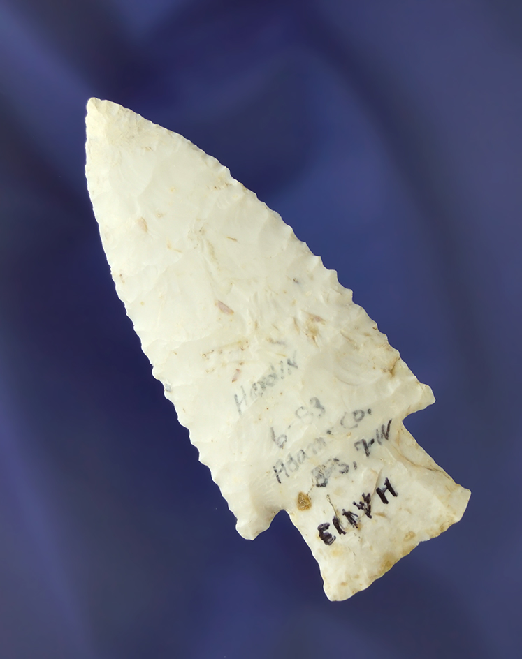 3" nicely serrated Hardin with restoration to the tip found in Adams Co., Illinois.