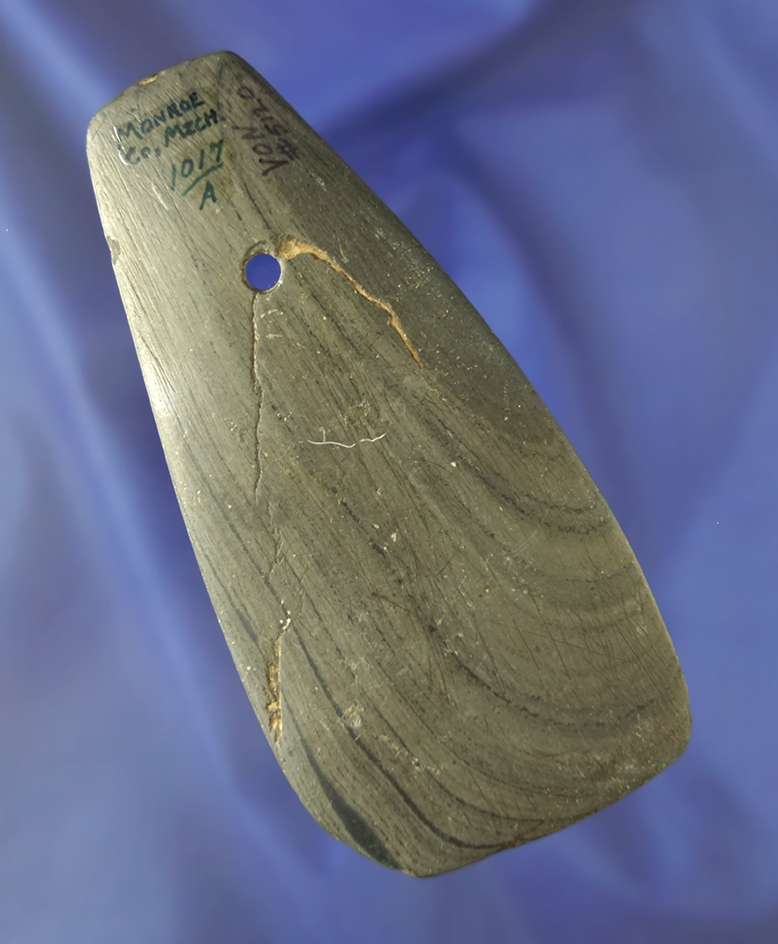 4 1/2" Trapezoidal slate Pendant that is very thin and nicely made found in Monroe Co., MI.