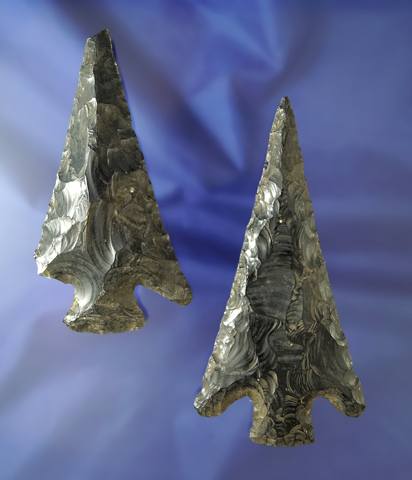 Pair of large obsidian Pre-Columbian Knives found in Mexico. Largest is 5 1/16".