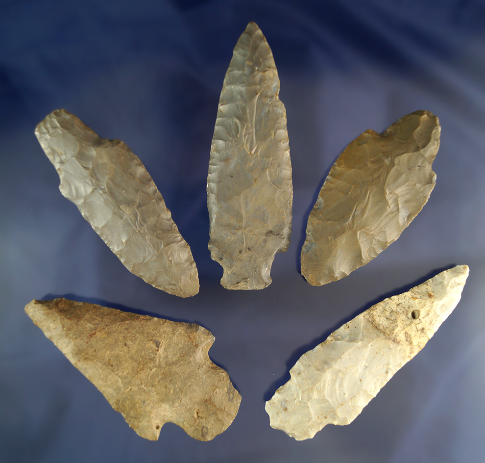 Set of five large flint knives found in Ohio, largest is 4 1/8".
