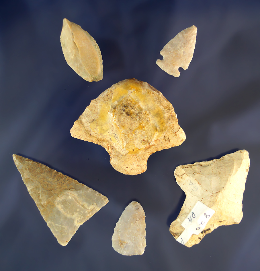 Set the six assorted flaked artifacts from various locations, largest is 2 3/8".