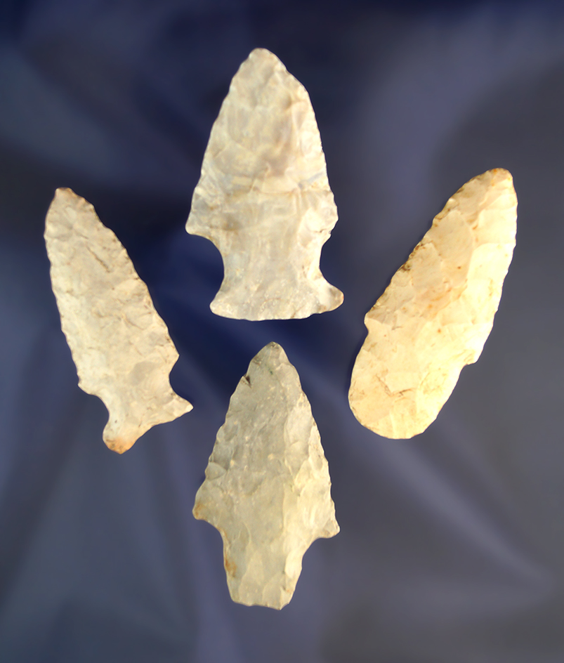 Set of 4 assorted arrowheads, largest is 2 3/8", Benton Co., Missouri. Ex. Reinking & Meadows.