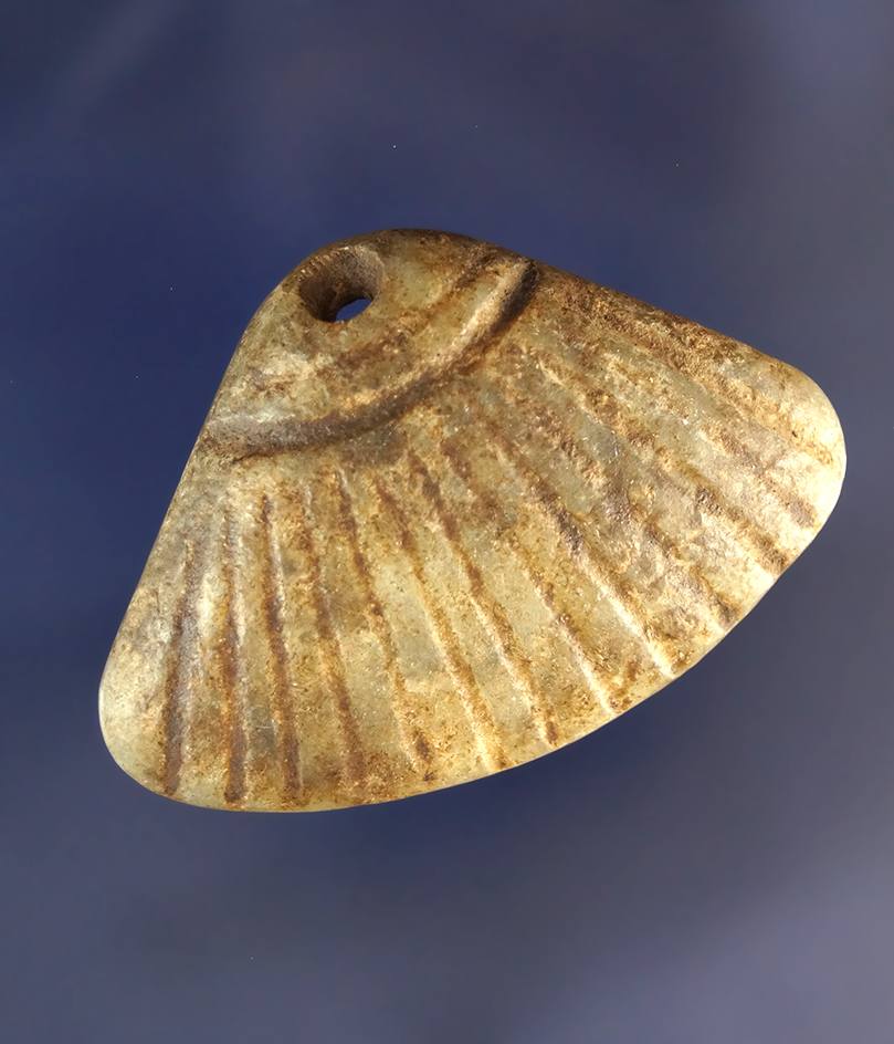 Unique! 2" wide drilled stone Shell Effigy pendant found in Indiana from the Fred Geyer.