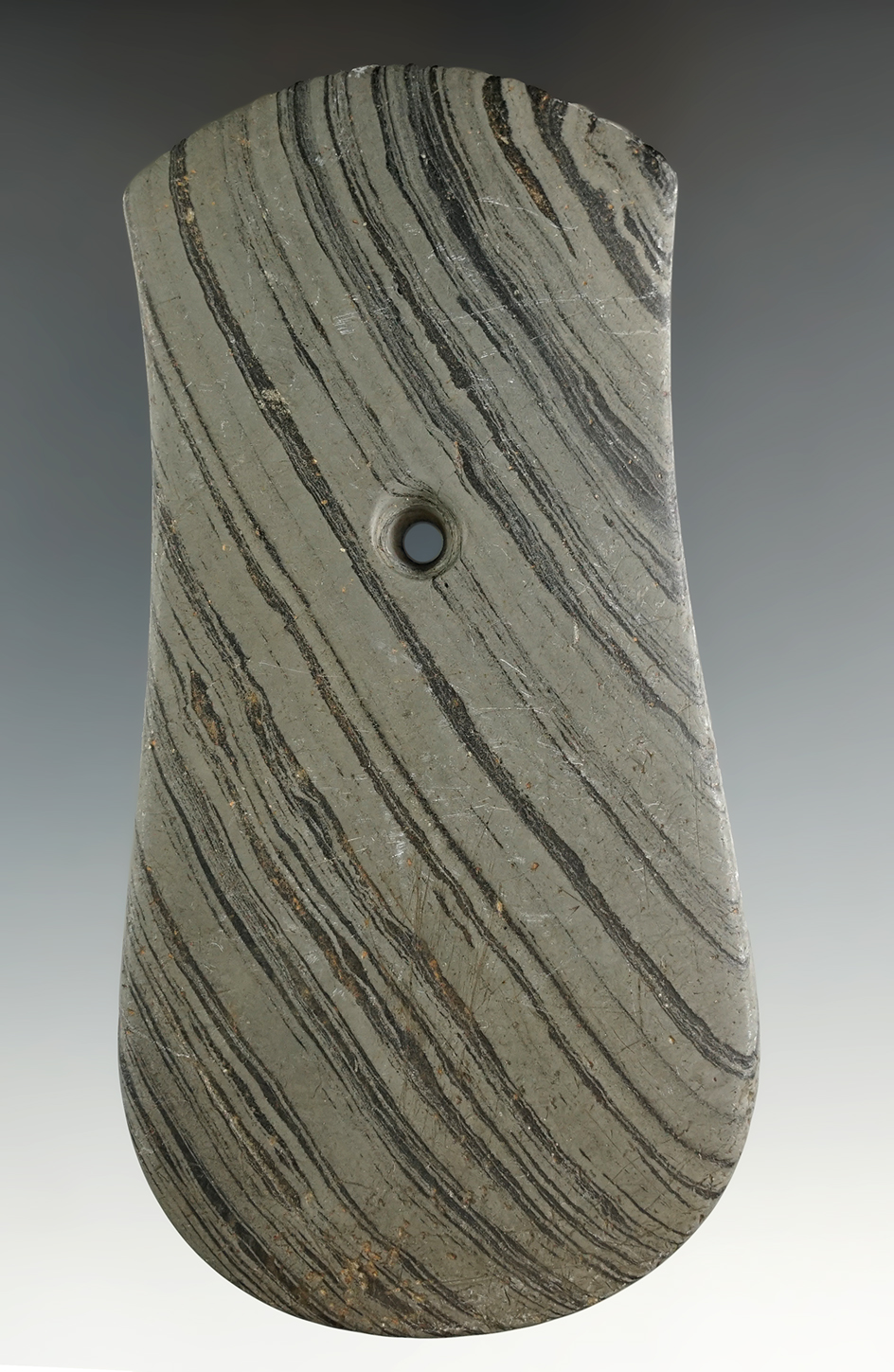 4 11/16" Adena Bi-Concave Pendant found along the Grand River prior to 1920 Wayne Co., Michigan.