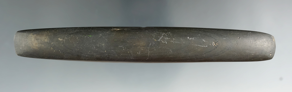 5 3/8" Elliptical Bar Weight with center notches, made from black Slate. Found in Wood Co., Ohio.