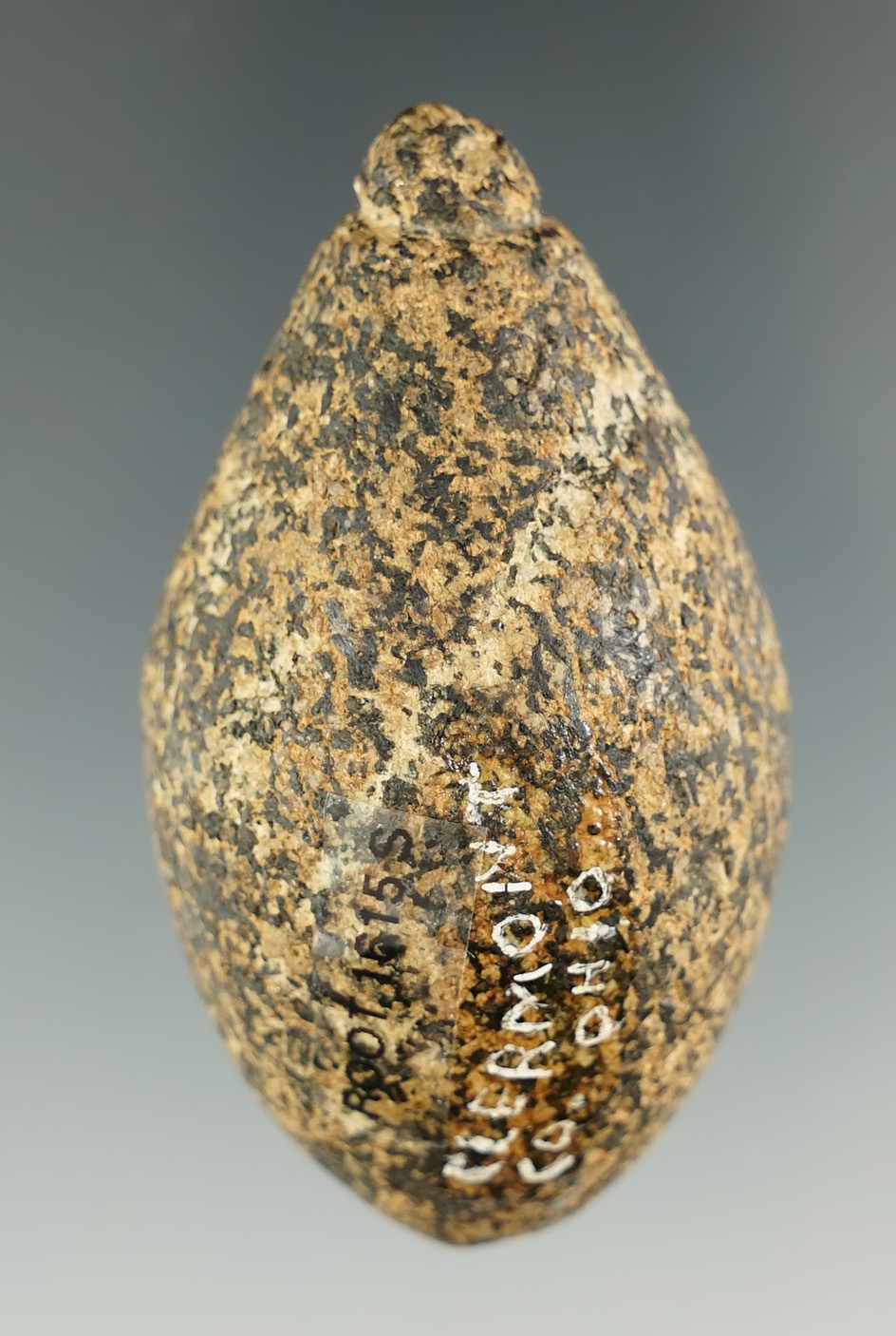 2 3/8" Woodland Grooved Plummet made from Granite, found in Clermont Co., Ohio. Ex. Ed Fisher.