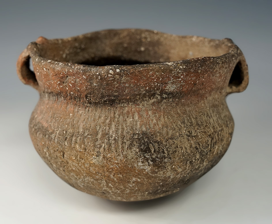 3 3/8" Ft. Ancient Strap Handle Pot made from tan Clay. Found at the Feurt Site, Scioto Co., Ohio.