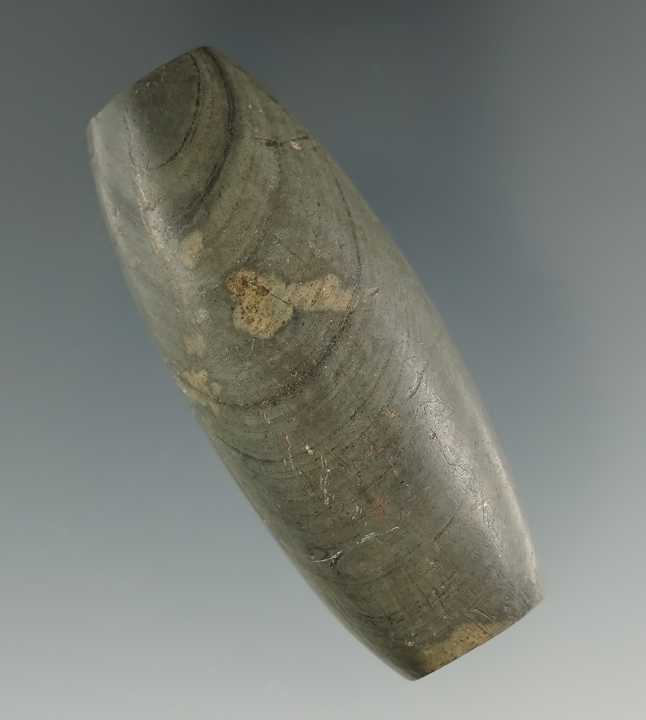 2 3/8" Adena Loafstone made from green and black Banded Slate, found in Medina Co., Ohio. Pictured!