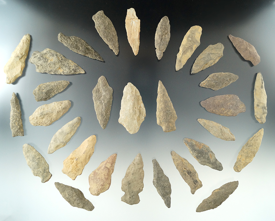 Group of 30 assorted stone arrowheads found in New Jersey, largest is 2 3/8".