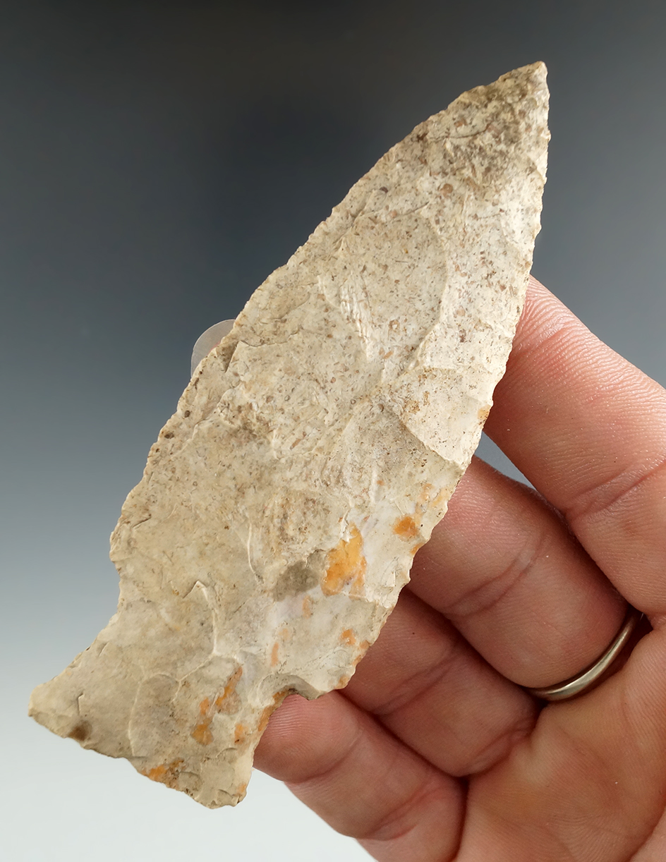 3 5/8" Etley made from mottled Burlington Chert, found near Urbandale, Iowa. Jackson COA.