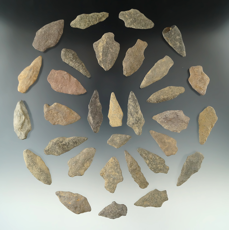 Group of 31 assorted stone arrowheads found in New Jersey, largest is 1 7/8".