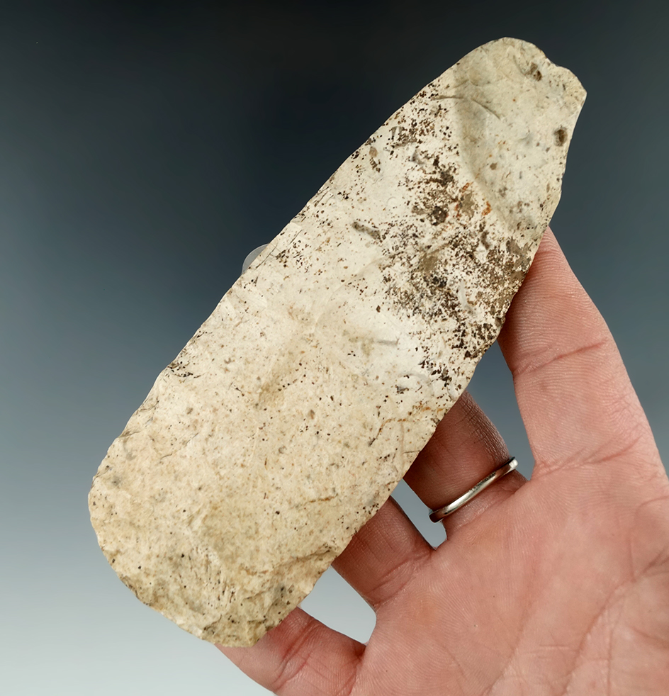 Well patinated 4 3/4" Flint hoe recovered in Boone Co., Missouri by Bill Remmert.