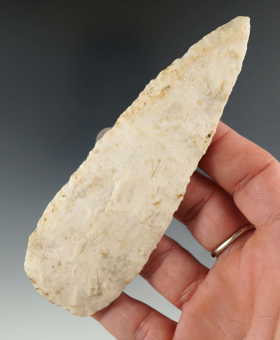 4 5/8" Cream and tan Archaic Blade that is thin and fine, found in Central Iowa.
