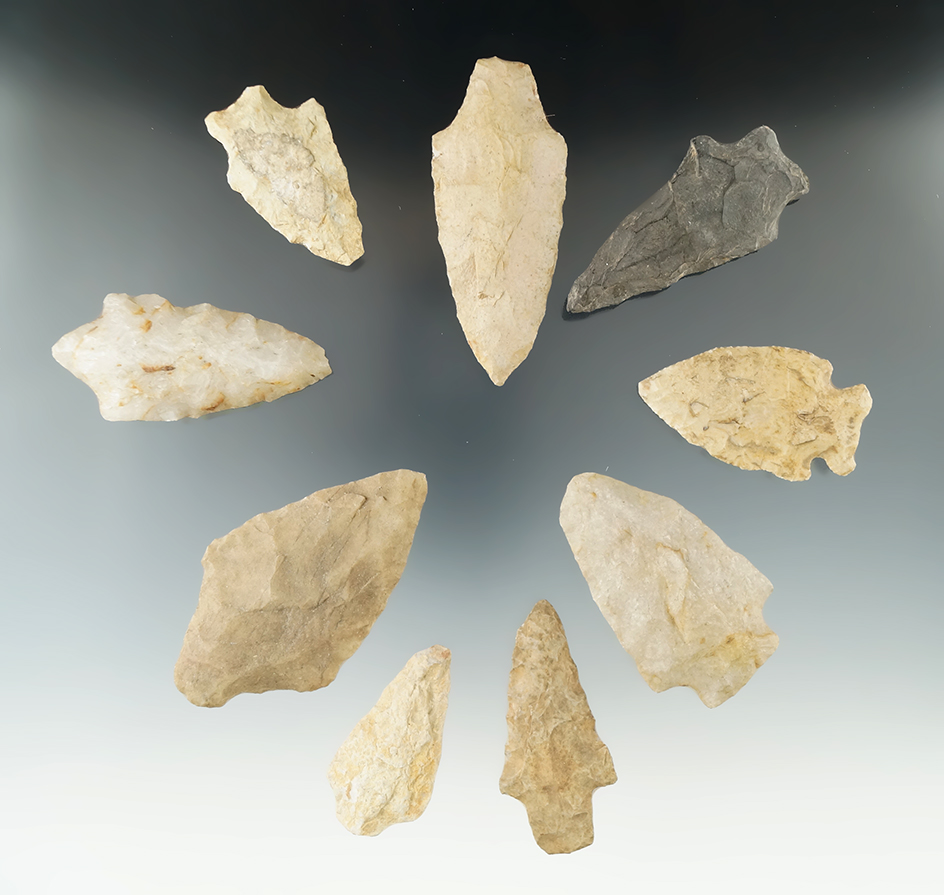 Group of nine assorted arrowheads and knives found in New Jersey. Largest is 3".
