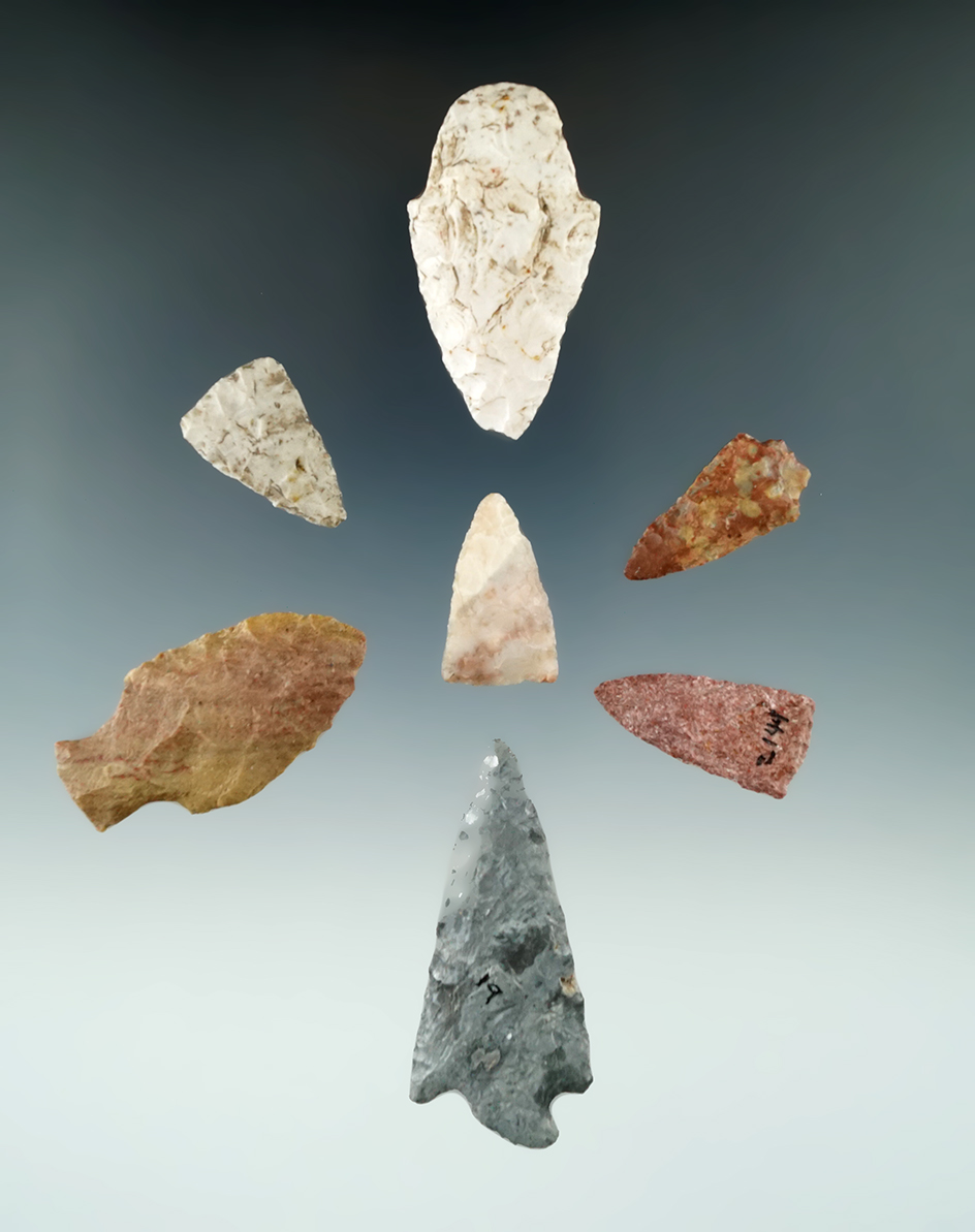 Group of seven assorted arrowheads found in Kansas, largest is 2 3/8".