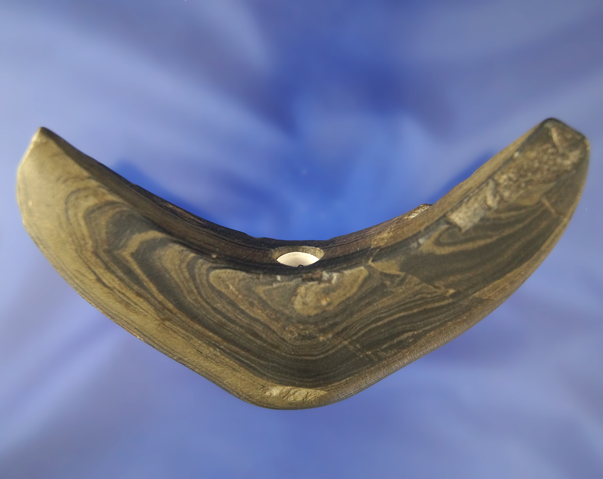 4 3/4" Crescent Bannerstone made from Banded Slate. Found in Eaton Co., Michigan.