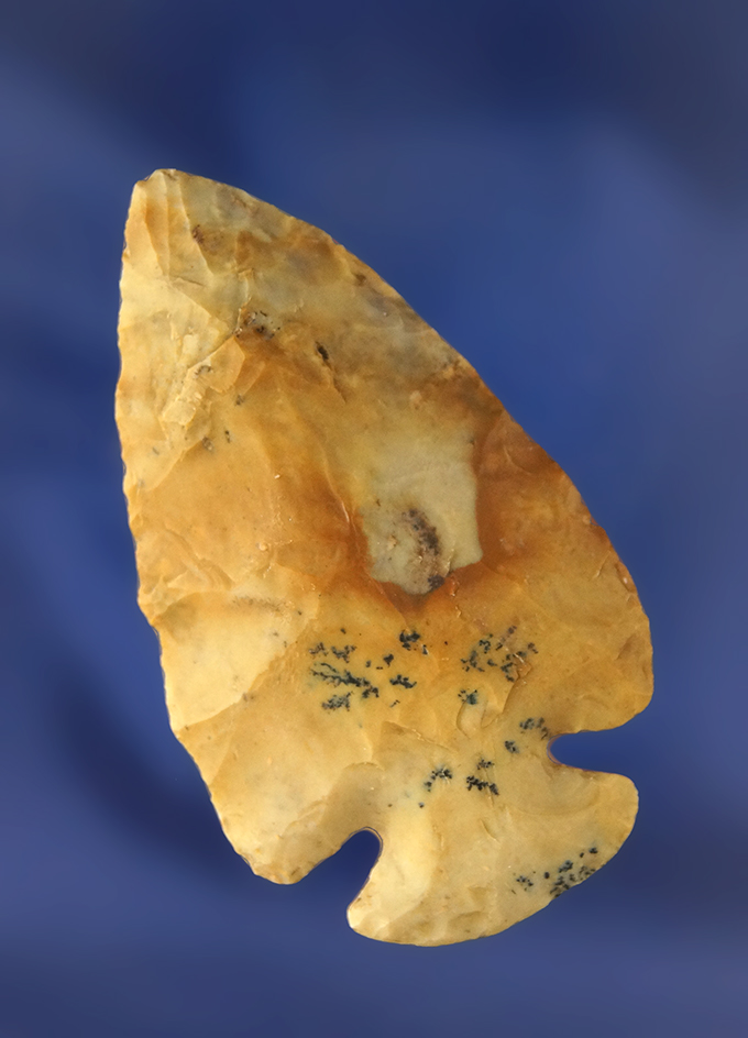 2 3/8" Archaic Dovetail made from Caramel Flint Ridge Flint. Found in Licking Co., Ohio.