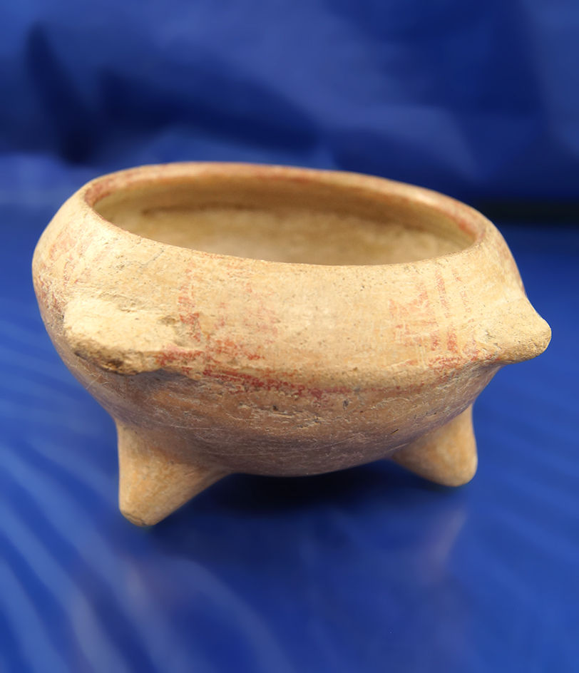 3 7/8" Wide by 1 3/4" Tall Chupicuaro tri-pod bowl recovered in Mexico; intact condition.