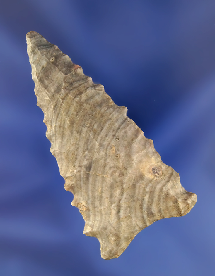 2 3/4" serrated Kirk made from beautifully banded Nethers Flint. Ex. Tom Cray collection.