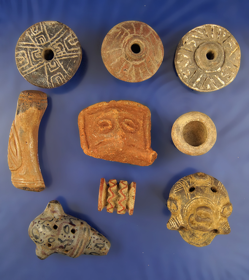 Group lot of 2 Ocarinas, 1 Roller Stamp, 1 Miniature Pot, 3 Spindle Whorls & 2 Taino Artifacts.