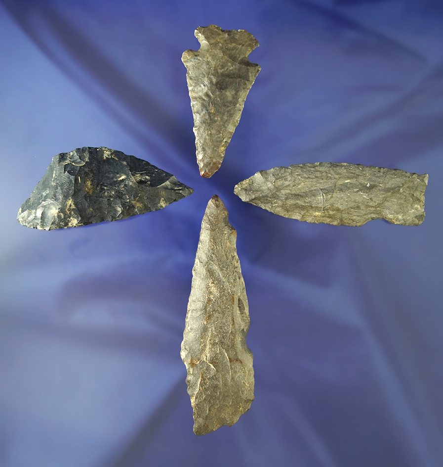 Set of four assorted arrowheads found in Pennsylvania and Ohio. Largest is 3 9/16".