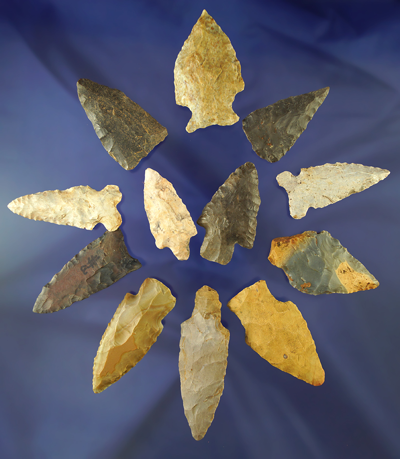 Group of 12 assorted arrowheads found in Alabama in Tennessee, largest is 2 1/16".