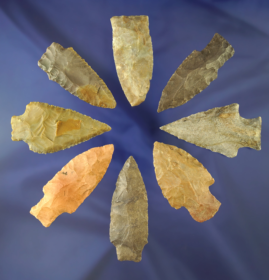 Set of eight assorted arrowheads found in Alabama, largest is 2 3/8".