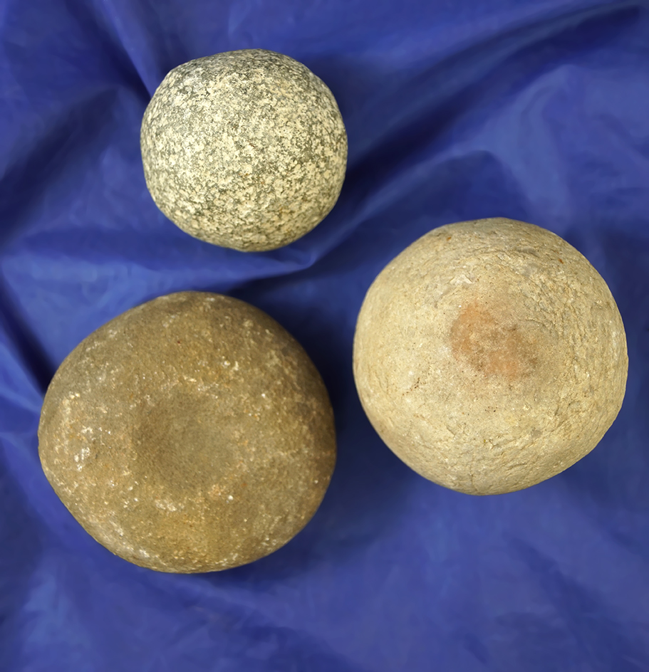 Set of three Hammerstones found in Ohio, largest is 2 7/8" diameter with finger divots.