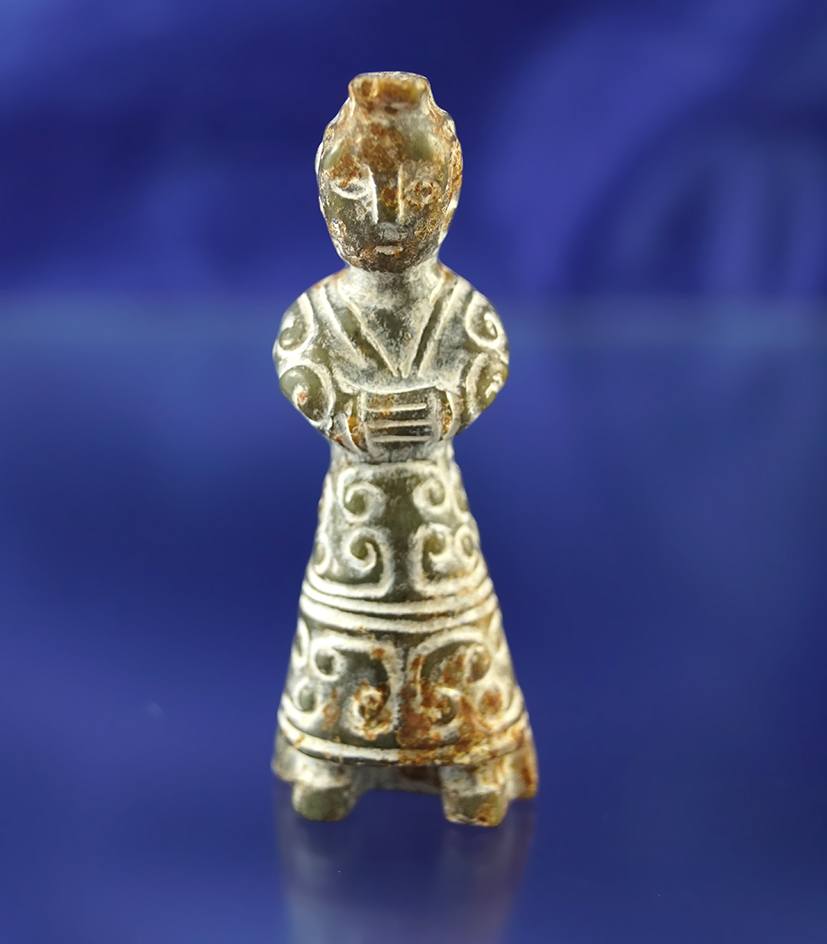 2 3/8" Chinese Jade figural carving in good condition with excellent age. Suspension hole it top