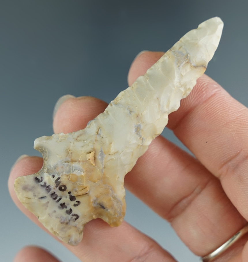 2 3/4" Notch Drill made from Flint Ridge Flint. Found in Defiance Co., Ohio.